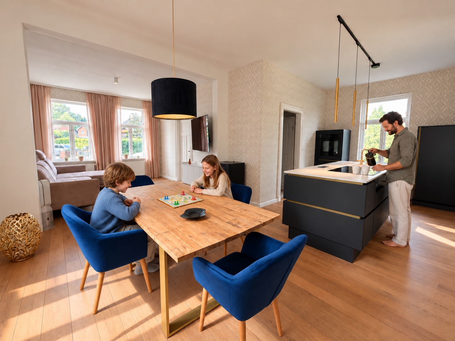 Küche und Esstisch mit digital ergänzter Familie