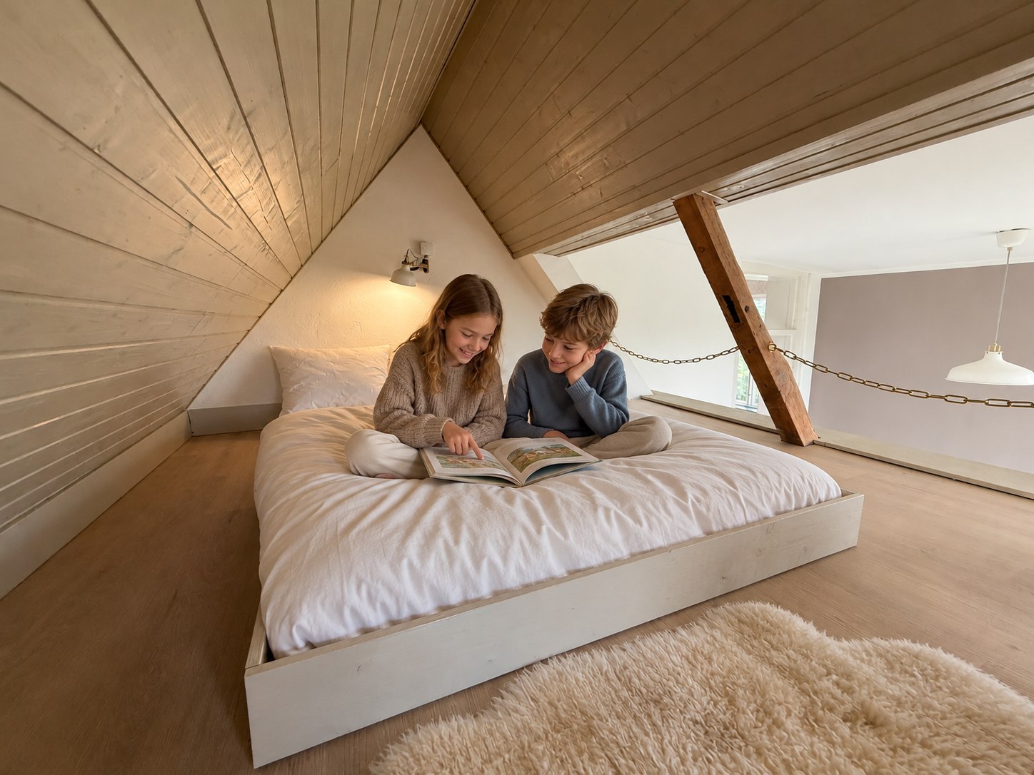 Visualisierte Schlafgalerie mit Matratze und Kindern beim Lesen